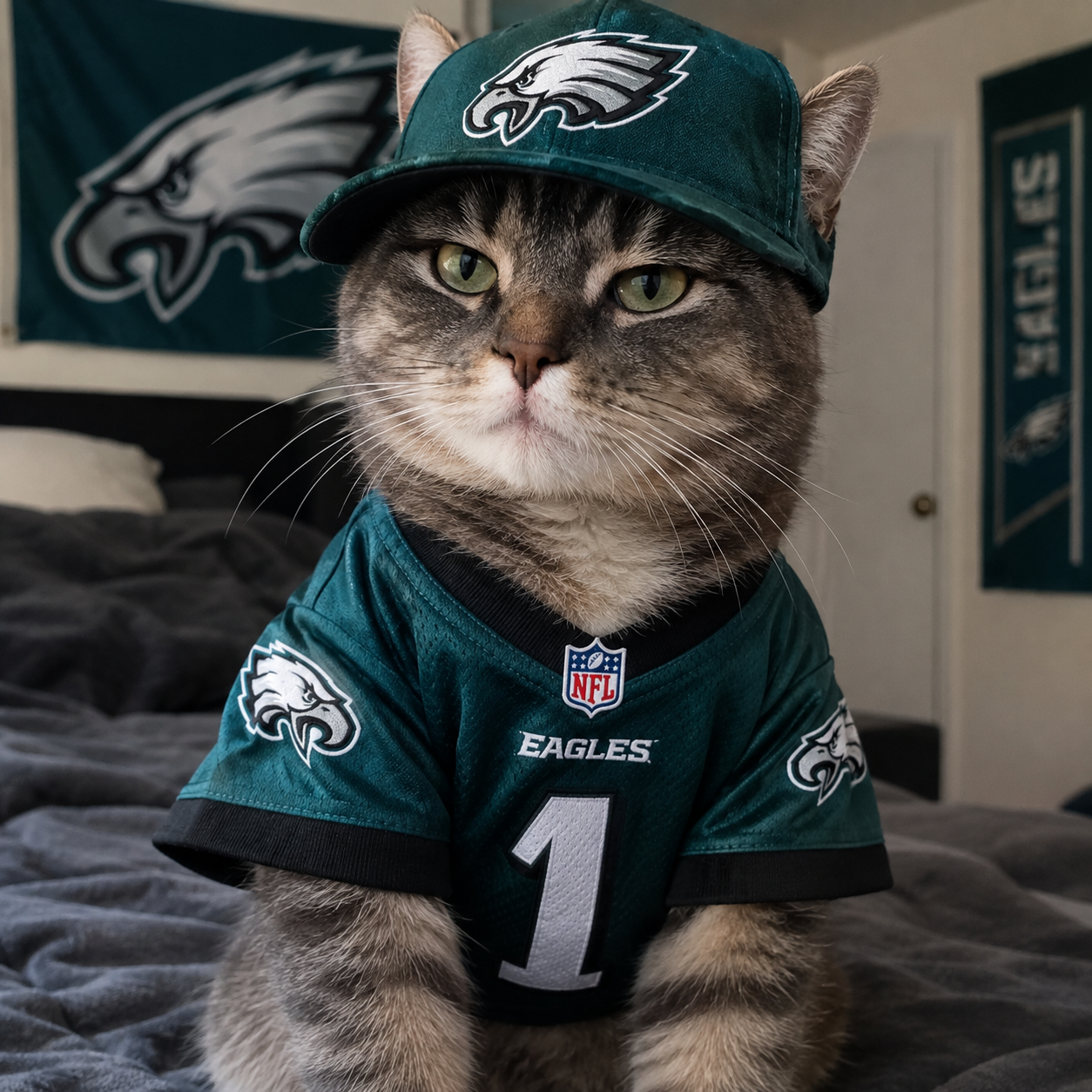 Photorealistic cat wearing Philadelphia Eagles gear